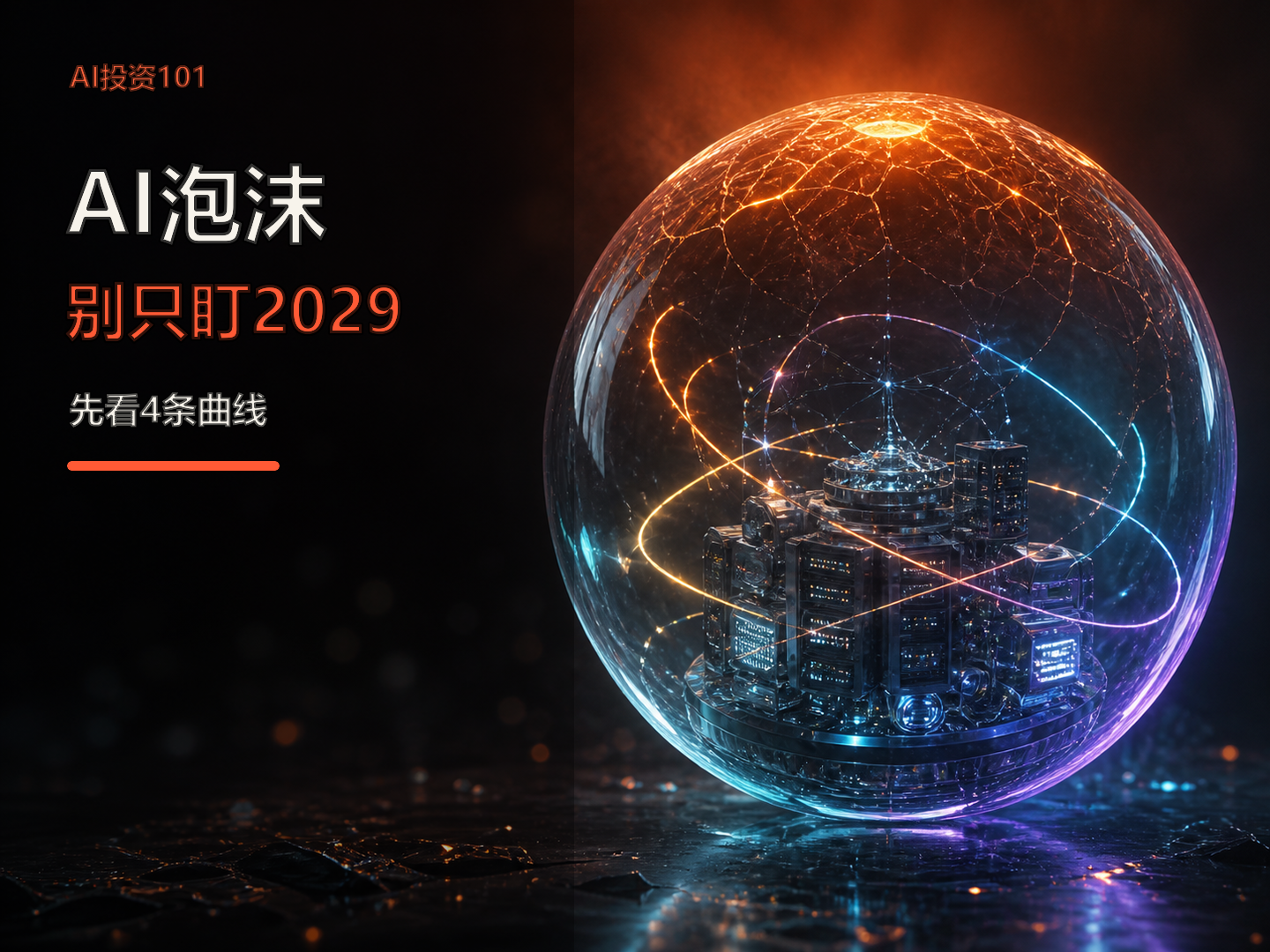 裂开的 AI 泡沫球与四条经营曲线的封面图