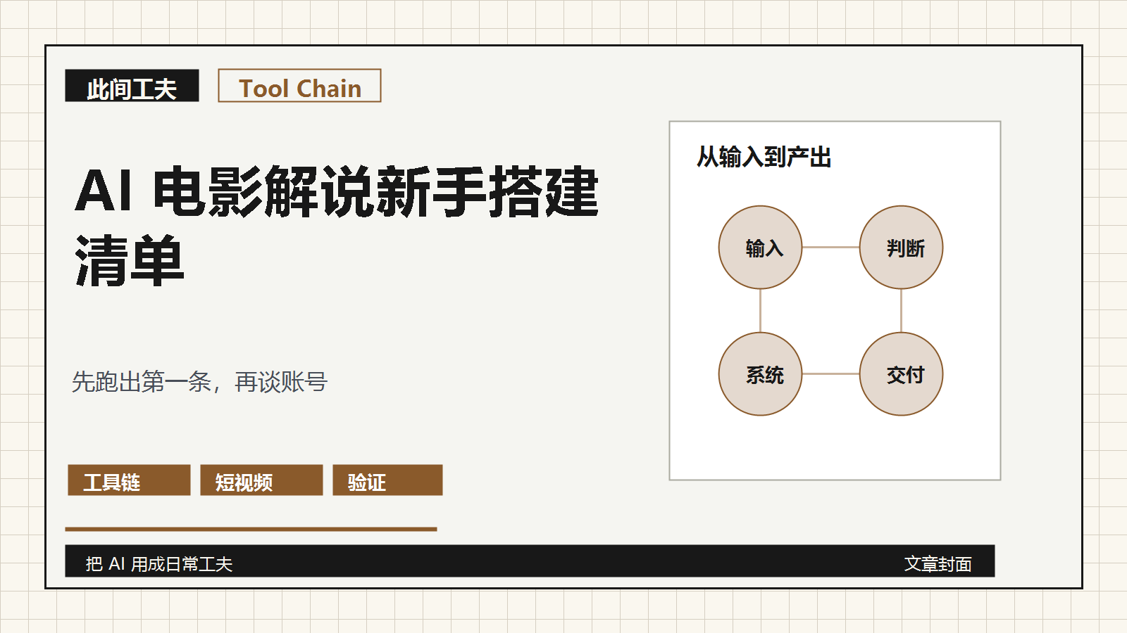 AI 电影解说新手搭建清单封面，展示工具链从输入到交付