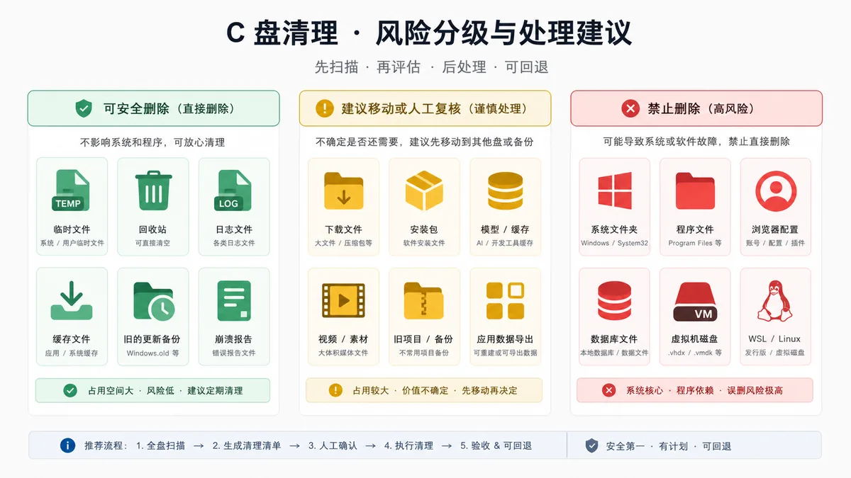 C 盘清理候选项被分成安全删除、建议迁移和禁止处理三类