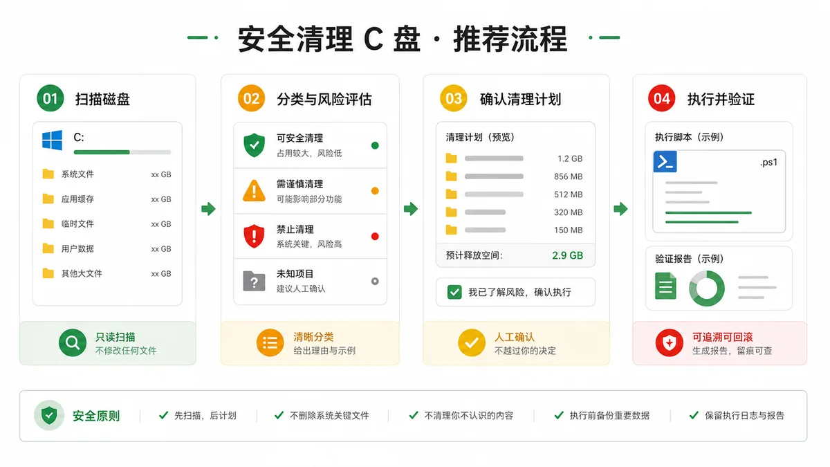 磁盘清理从扫描、分类、确认到执行验证的流程图