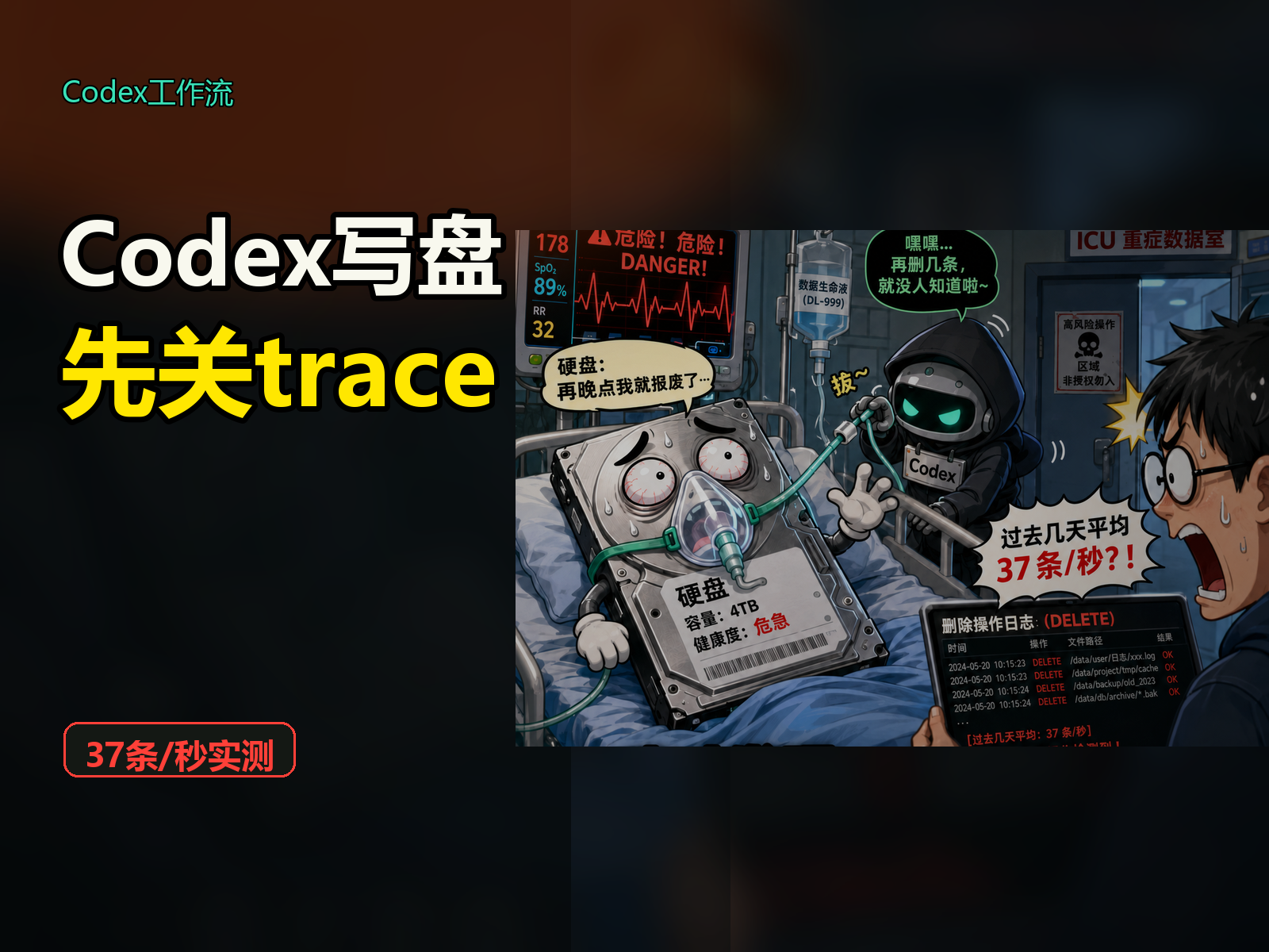 Codex 写盘封面，提示先关 trace，37 条每秒实测